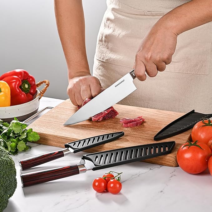 3-Piece Professional Chef Knife Set - Ultra Sharp Japanese Knives with High Carbon Stainless Steel Blades, Ergonomic PakkaWood Handles, and Sheaths in Gift Box for Home or Restarant