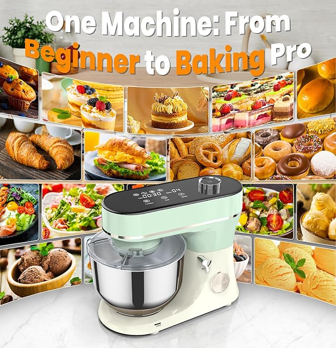 Stand Mixer, 6QT Electric Kitchen Mixer for Baking Cakes & Dough, LED Smart Touchscreen, 11-Speed Tilt-Head & Timer, 4 Presets, Mixer with Bowl, Dough Hook/Whisk/Beater, Green
