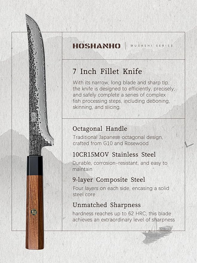 HOSHANHO Fillet Knife 7 Inch, Super Sharp Japanese Boning Knife in High Carbon Steel, Professional Hand Forged Fish Knives for Meat Poultry Cutting