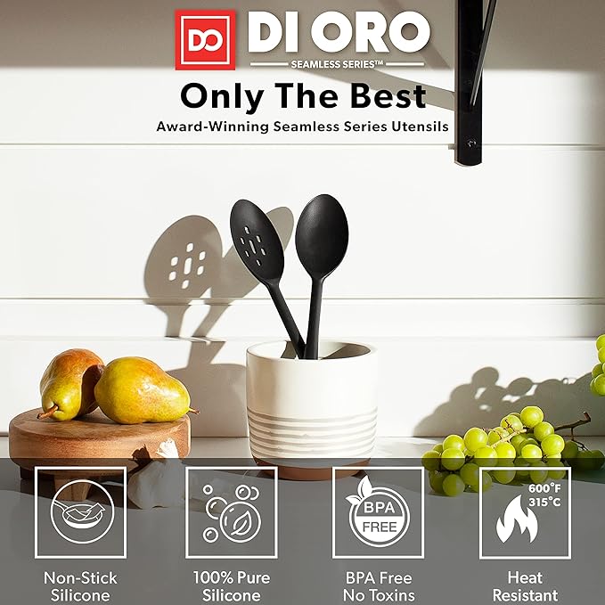 DI ORO Silicone Spoons for Cooking - Large Kitchen Spoons for Mixing, Serving, & Stirring - 600째F Heat-Resistant Non Stick Utensils ??Big Solid & Slotted - Dishwasher Safe (2pc, Black)