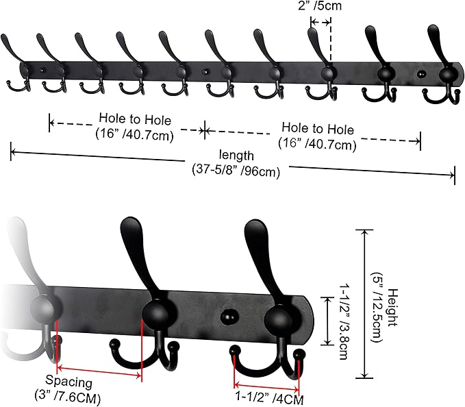 Dseap Coat Rack Wall Mount - 38??Long 10-Tri-Hooks Heavy Duty Coat Hanger Rail Wall Hooks for Hanging Coats Hats Clothing Clothes Purse Mudroom Entryway, Black, Pack of 2