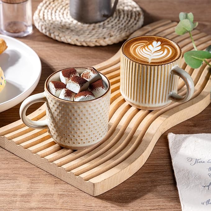 GBhome 6OZ Stackable Coffee Mugs, Ceramic Coffee Mugs with Texture Patterns for Man,Woman,Dad,Mom, Modern Coffee Cups Set of 4 for Espresso/Cappuccino. Dishwasher&Microwave Safe
