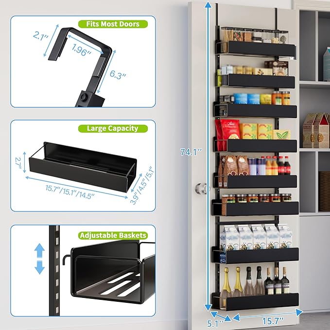 Over the Door Pantry Organizer, 8-Tier Metal Over The Door Organizer, Hanging Spice Rack Shelves Door for Kitchen Pantry Organizers and Storage, Black
