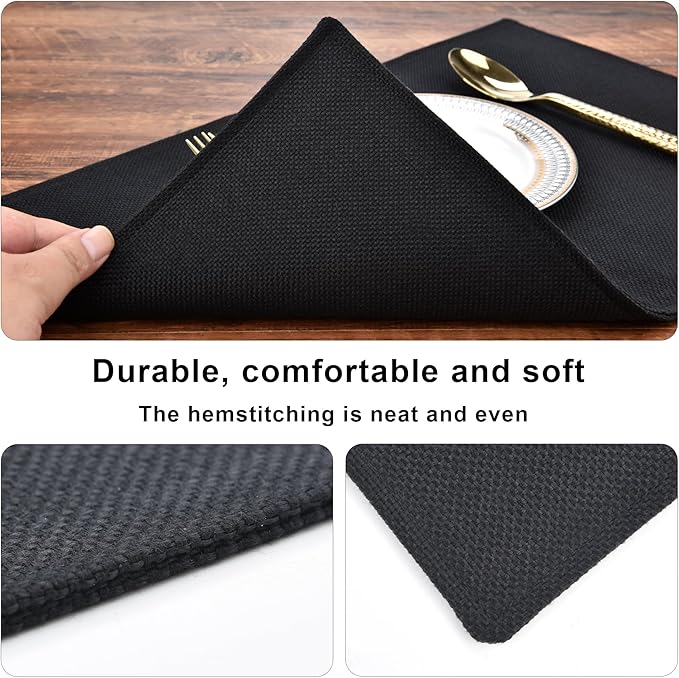 SLKQG Black Linen-Look Fabric Placemats Set of 4, Heat Resistant & Machine Washable Double-Layered Cloth Placemats for Dining Table, Indoor/Outdoor Use, Non-Slip Kitchen Table Mats (4, Black)