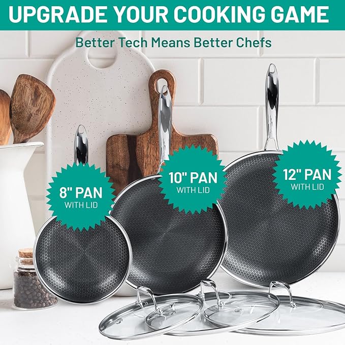 Honeycomb Non Stick Cookware Set 13 pcs Hybrid Cookware Set w/Lids pans cook pots Wok Kitchenware 3-ply Stainless Steel