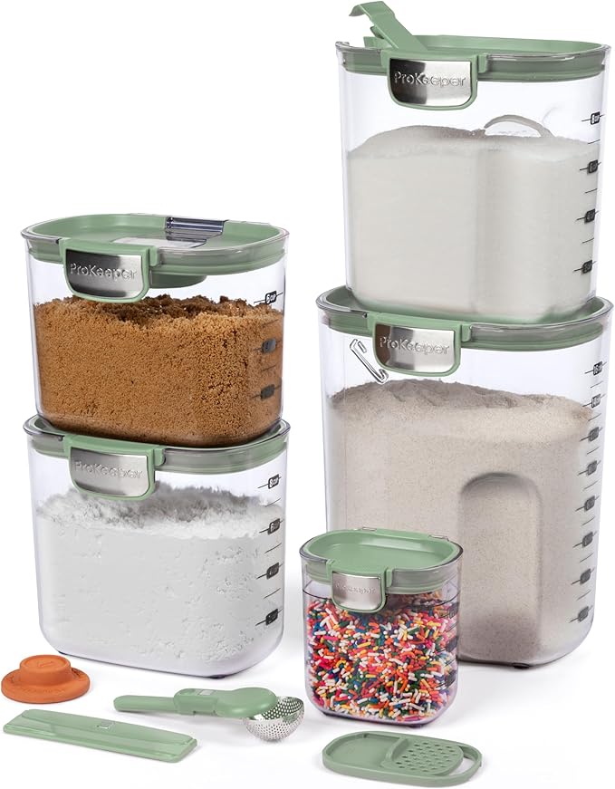 ProKeeper+ Airtight Food Storage Container Set ??Clear Plastic Flour and Sugar Canister Set with Magnetic Accessories for Kitchen Organization (Pistachio, 9-Piece)