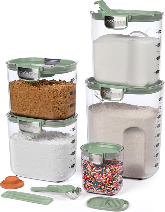 ProKeeper+ Airtight Food Storage Container Set ??Clear Plastic Flour and Sugar Canister Set with Magnetic Accessories for Kitchen Organization (Pistachio, 9-Piece)