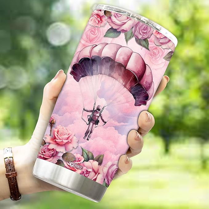 Personalized Skydiving Parachute Coffee Cup Mug Tumbler for Women, Girls, Wife, Daughter, Insulated Stainless Steel 20oz Gift for Christmas, Birthday, Mother's Day, Valentine