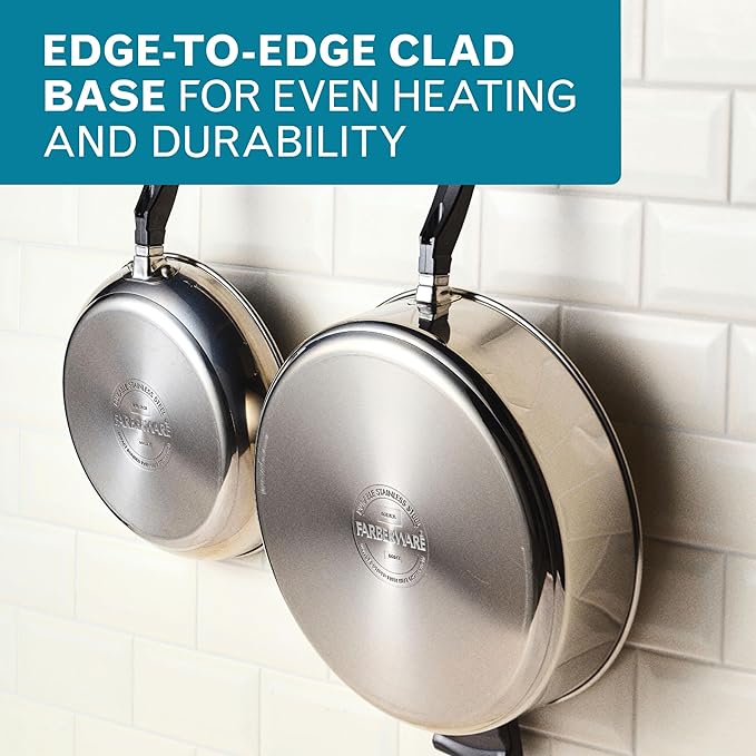 Farberware Classic Series Anniversary Edition Stainless Steel Saut챕 Pan and Lid with Helper Handle, Induction Suitable, 6 Quart Jumbo Cooker, Metal Utensil Safe - Stainless Steel
