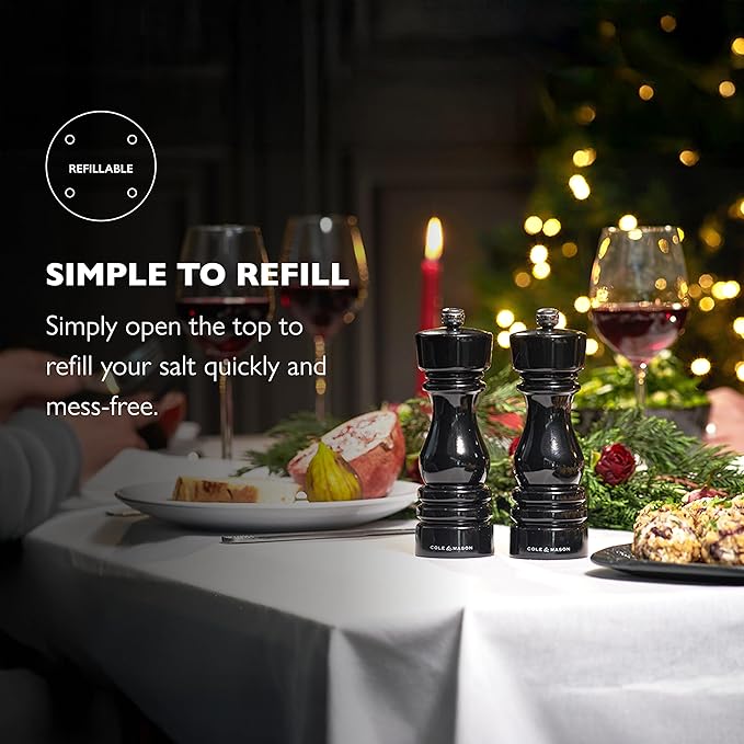 Cole & Mason London Refillable Spice Mill - Kitchen & Home Accessory - Table Salt Grinder - Salt Mill with Ceramic Mechanism - 7", Black Gloss
