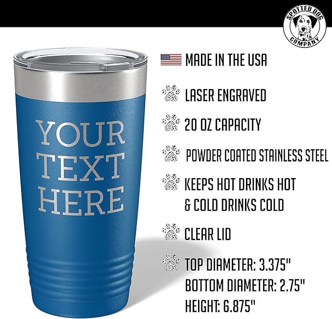 Personalized 20oz (17 Colors) Powder Coated Insulated Stainless Steel Tumbler with Lid, Custom Etched, Customized Text Message Name, Engraved Gift Idea Women Men Him Her, Your Text Here (Royal Blue)