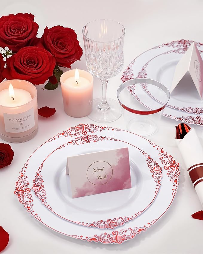 Nervure 350PCS Red Plastic Plates - White Red Plastic Dinnerware Set for 50 Guests - 100 Red Disposable Plates, 50 Pre Rolled Cutlery Set, 50 Cups Perfect for Wedding, Party