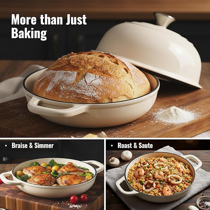 4.5 QT Dutch Oven for Bread Baking, Cast Iron Bread Oven for Sourdough, Enamelled Bread Dutch Oven with Lid, Heavy-Duty Non Stick Bread Pot, Beige