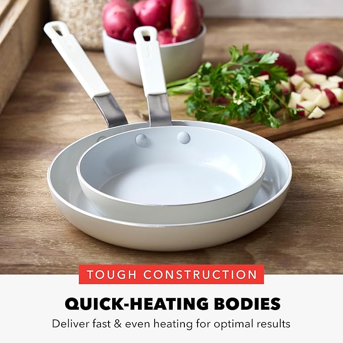 GreenPan x Bobby Flay 2 Piece- 8??and 10??Nonstick Frying Pan Skillet Set, PFAS-Free Diamond Ceramic, Induction Suitable, Stay-Cool Silicone Handle, Easy Clean Dishwasher & Oven Safe, Cream