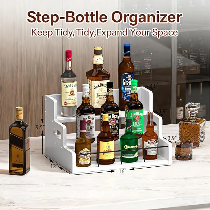 Liquor Bottle Display Shelf,Wood Syrup Organizer Rack,3 Step Countertop Organizer Wine Rack,Rustic Coffee Station Accessories for Syrup (White)