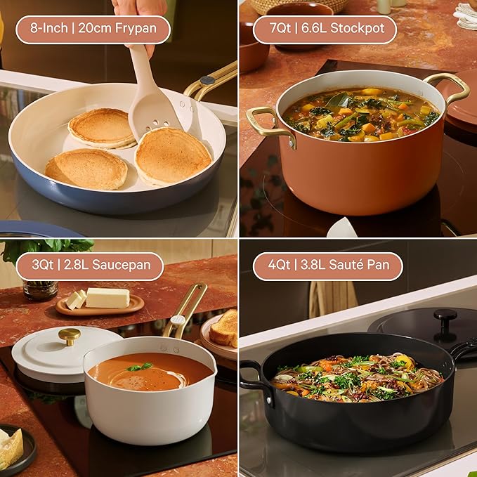 Our Place 11-Piece Essentials Complete Cookware Set - Ceramic Fry Pan, Saucepan, Saut챕 Pan, Stock Pot, Strainer Basket & Rack Storage | Thermakind??Nonstick, Oven Safe up to 450째F | Terracotta