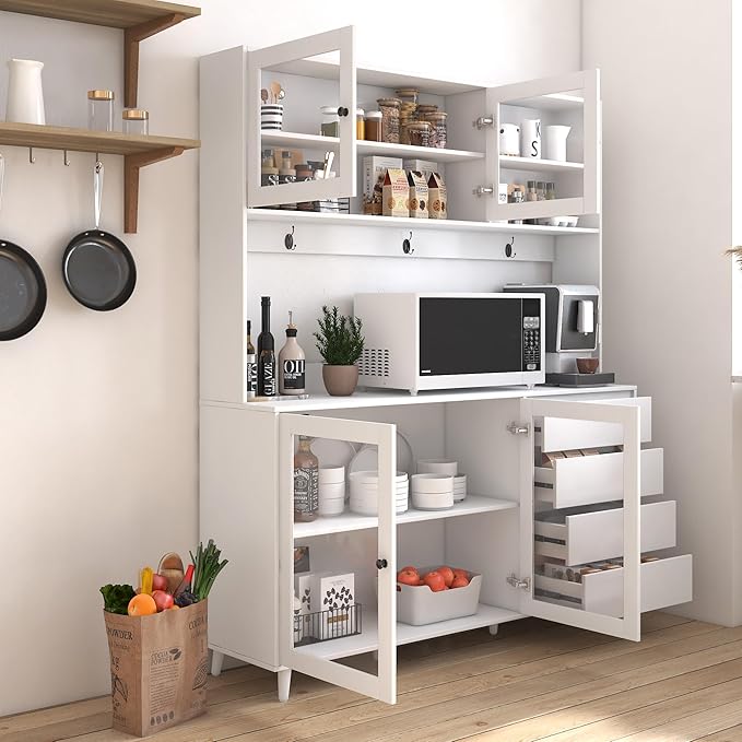 63" W Large Kitchen Hutch Cabinet, Freestanding Pantry Storage Cabinet with Hutch, 4 Doors 4 Drawers & Microwave Shelf, Buffet Sideboard Cupboard for Dining Room Kitchenette, White