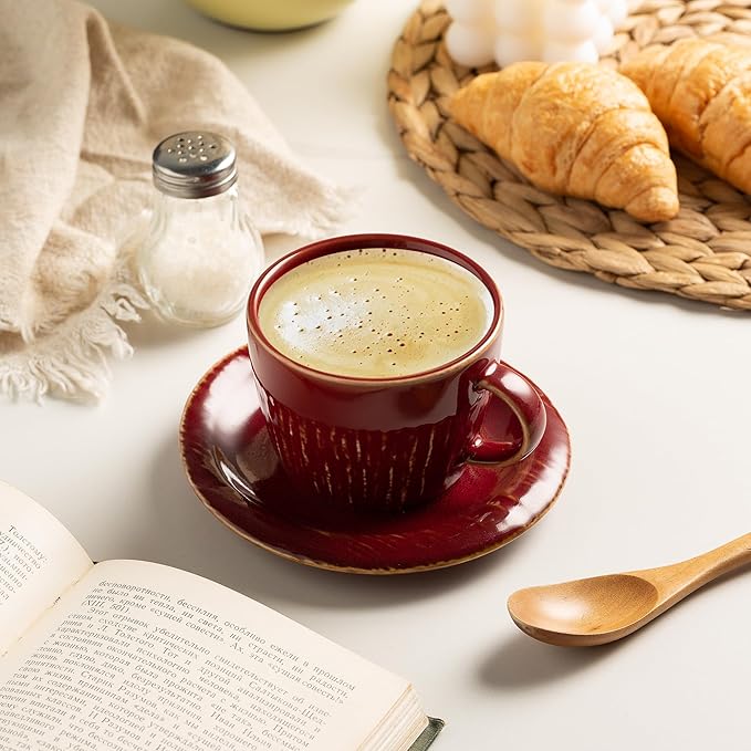 Ceramic Latte Cup with Saucer, 7 oz, Coffee Mug, Espresso Cups for Cappuccino, Milk Tea and Mocha, Dishwasher and Microwave Safe (red)