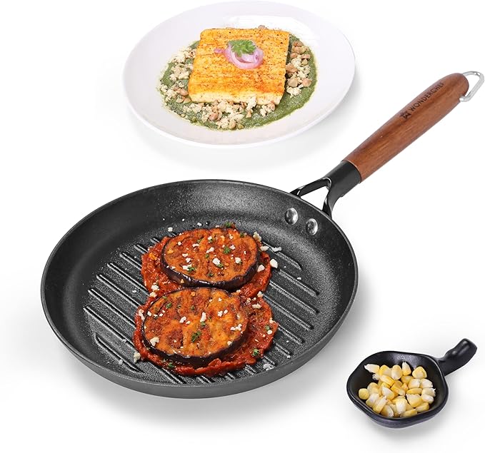 Wonderchef Pre-Seasoned Ferro Light Grill Pan 2.5MM Acacia Wooden Handles Gravity Moulding Technology No Chemical Coating 10 Year 24 cm Black