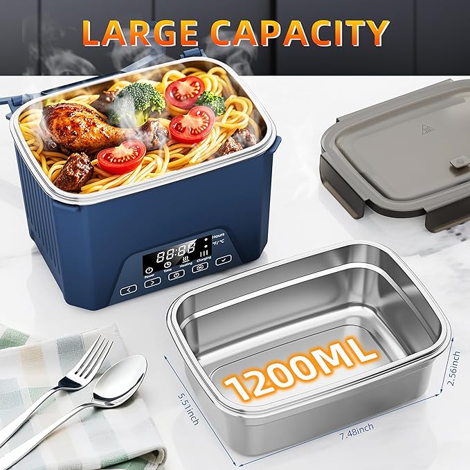 Cordless Electric Lunch Box, 1.2L Self Heating Lunch Box Battery Powered with Automatic Heating, BPA Free, Meal Prep Friendly, Portable Food Warmer for Work, Construction, Truck & Travel (Blue)