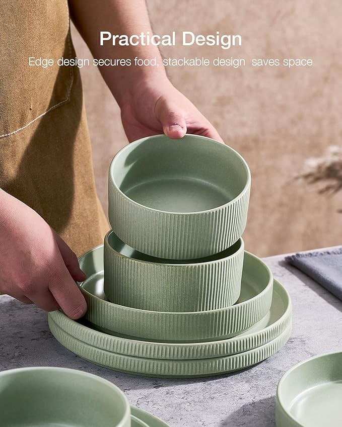 Famiware Star Dinnerware Set, Plates and Bowls Sets for 6 (18pcs), Ribbed Stoneware Dishes - Chip & Scratch Resistant, Microwave & Dishwasher Safe Kitchenware, Matte Sage Green