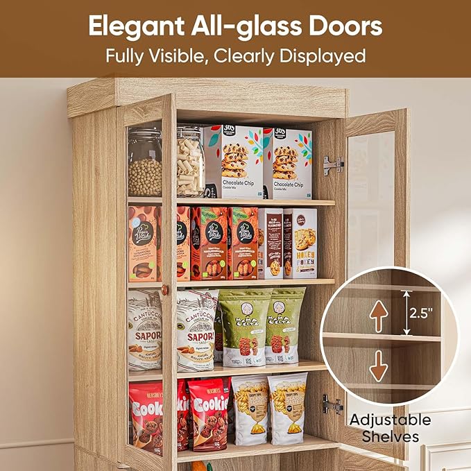 Vyre 71" Tall Farmhouse Kitchen Pantry, Set of 2 Large Storage Cabinets with Glass Doors & Adjustable Shelves, Versatile Wood Hutch for Living Room & Dining Room, Brown