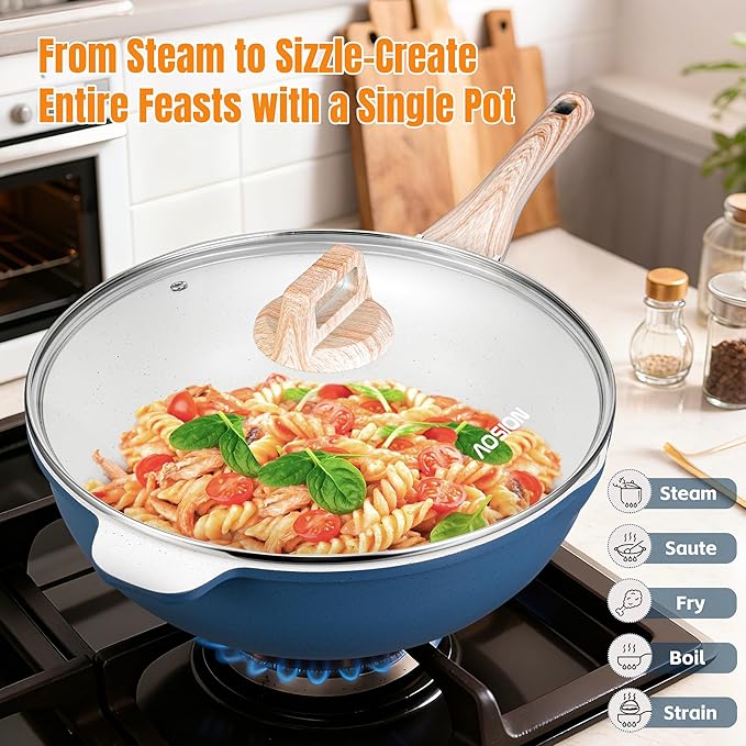 AOSION 11 Inch Nonstick Ceramic Deep Frying Pan Skille with Lid,5QT Saut챕 Pan for Cooking with Steam Rack,Healthy Large Skillet,Stay Cool Handle, Induction Compatible, PFOA & PFAS Free. (BLUE)
