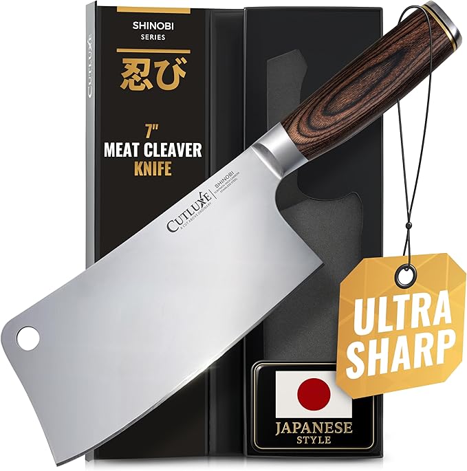 Cutluxe Meat Cleaver Knife ??Ultra Sharp 7" Meat Cleaver, Butcher Knife, High Carbon Stainless Steel Blade, Full Tang Pakkawood Handle ??Shinobi Series