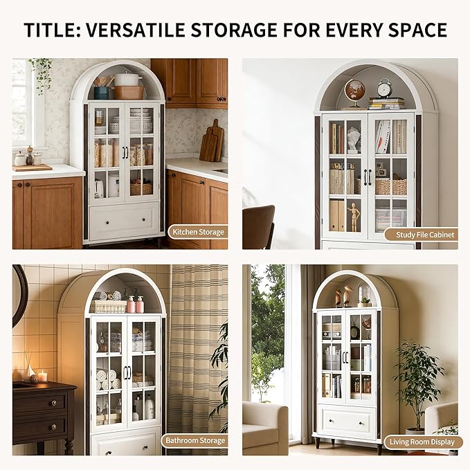 71??Handcrafted Arched Bookcase, Wooden Display Cabinet with Glass Doors and Adjustable Shelves, Elegant Storage Solution for Living Room, Dining Area, and Office, White