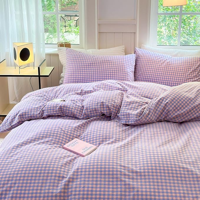 LifeTB Twin XL Comforter Set Purple Gingham Comforter with 2 Pillowcases Purple Pink Grid Plaid Comforter Set for Girls Women Fluffy Soft Lightweight Bedding Set Fluffy Checkered Comforter Twin XL