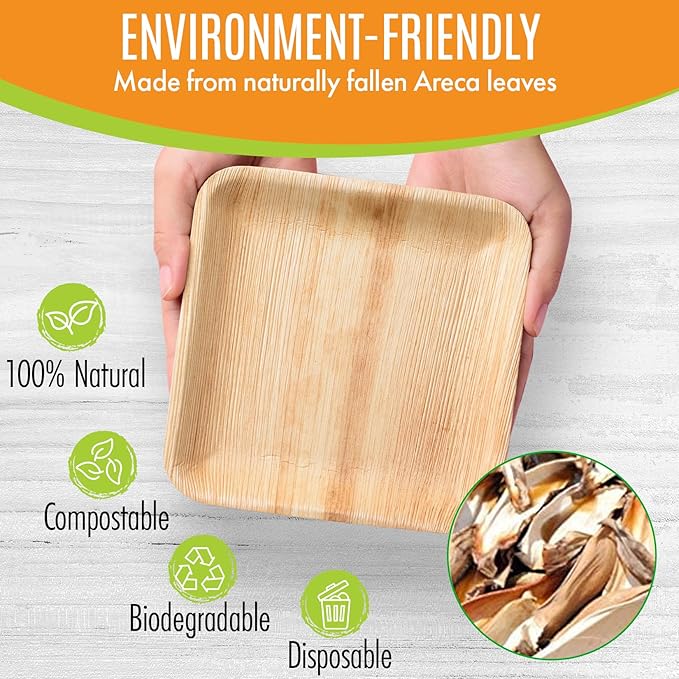 Raj Palm Leaf Bulk Plates [100-Pack] 6" Square Plates (5 CASES - 500 PACK) like Bamboo plates Disposable, Strong, Decorative Compostable Tableware for weddings, Lunch, Dinner, Birthday, Camping