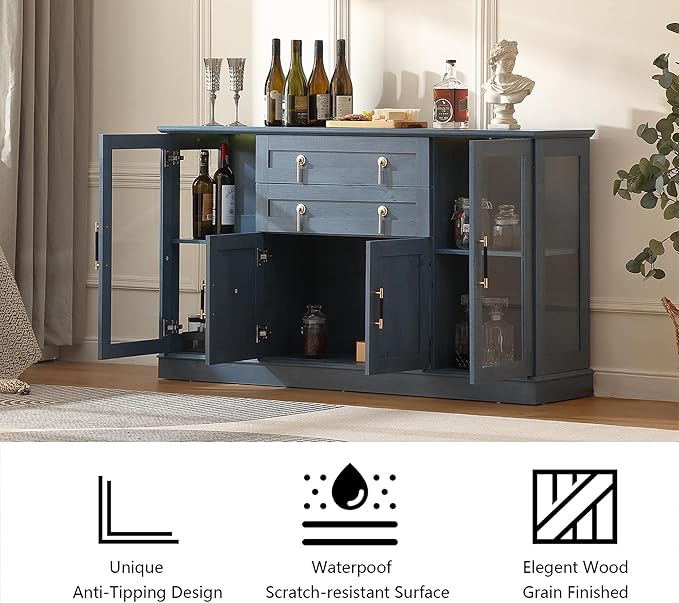 58.2'' Modern Sideboard Buffet Cabinet with Storage, Accent Coffee Bar Cabinet with 2 Glass Doors,Sideboard Credenza with Two Drawers and Adjustable Shelves,Blue