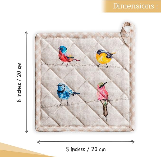 Maison d' Hermine Pot Holders set 100% Cotton Heat Resistant Potholders 8" x 8" Hot Pads with Loop BBQ, Cooking, Baking, Grilling, Kitchen, Handling Hot Pans Spring/Summer (Pack of 2, Birdies On Wire)