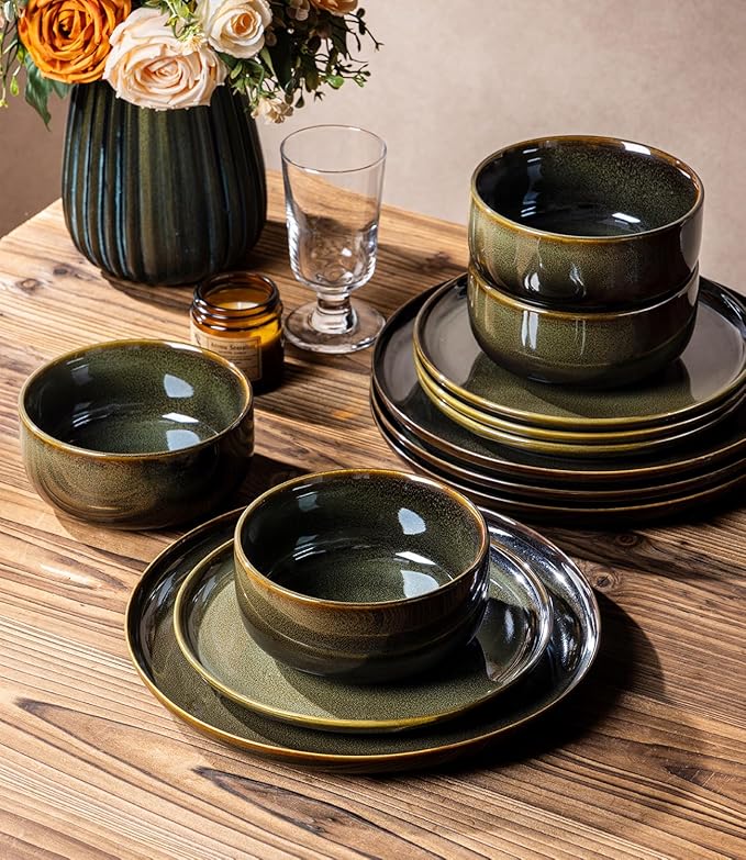 TheTerra Ceramic Dinnerware Sets for 4, 12 Pieces Handmade Reactive Glaze Plates and Bowls Set, Scratch Resistant Dish Set, Oven & Microwave & Dishwasher Safe, Olive Green