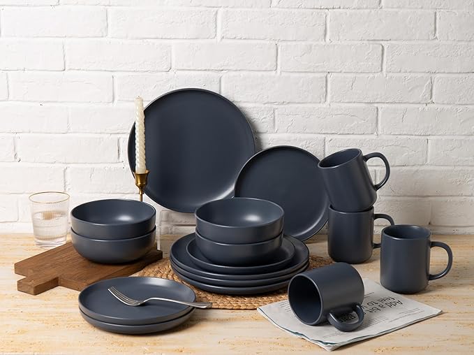 Furrnook 12-Piece Stoneware Dinnerware Set with Mugs | Microwave and Dishwasher Friendly | Stackable Matte Glaze Plates & Bowls | Service for 3 (Blue for 4)