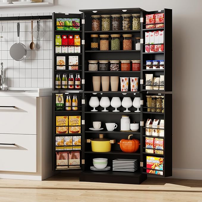 Giantex Kitchen Pantry Cabinet, 65.5" Tall Kitchen Hutch w/8-Tier Storage Cabinet, 16-Tier Door Shelves & Adjustable Shelves, 4-Door Freestanding Buffet Sideboard for Dining Room, Living Room (Black)
