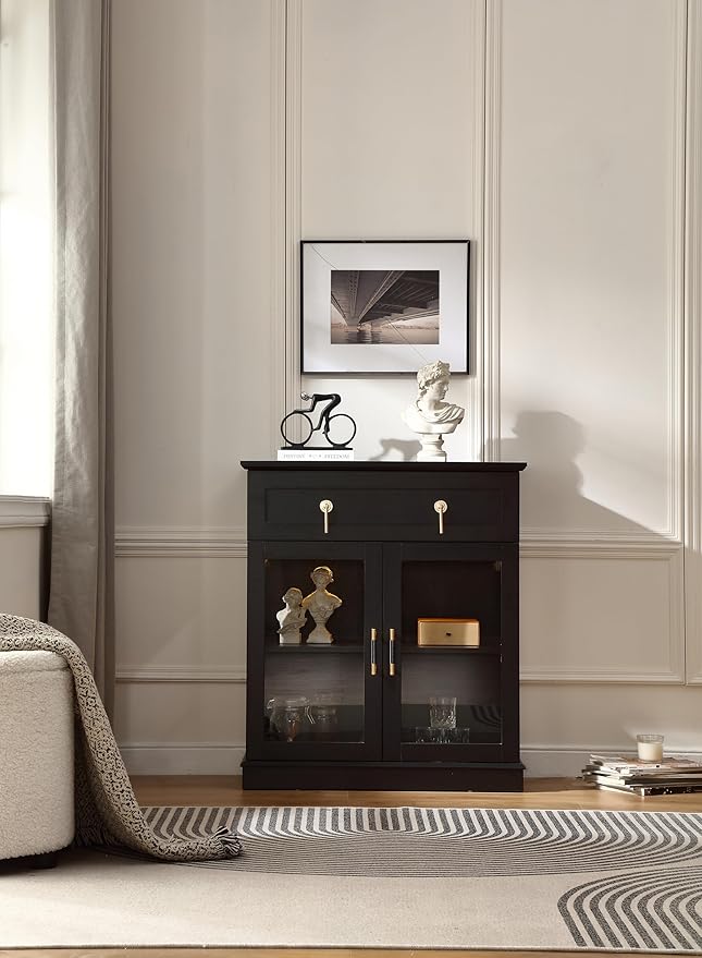 31.5'' Accent Small Buffet Cabinet with Storage, Buffet Sideboard with Two Glass Doors and a Drawer,Small Coffee bar Cabinet with Adjustable Shelf,for Kitchen and entryway,Black