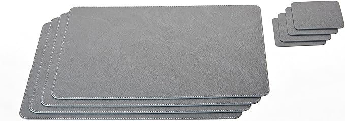 Nikalaz Set 4 Small Placemats and 4 Coasters, Table Mats Made in Europe Recycled Leather, Place Mats 15.7 x 11.8 inches and Coasters 3.9 x 3.9 inches (Dirty Grey)