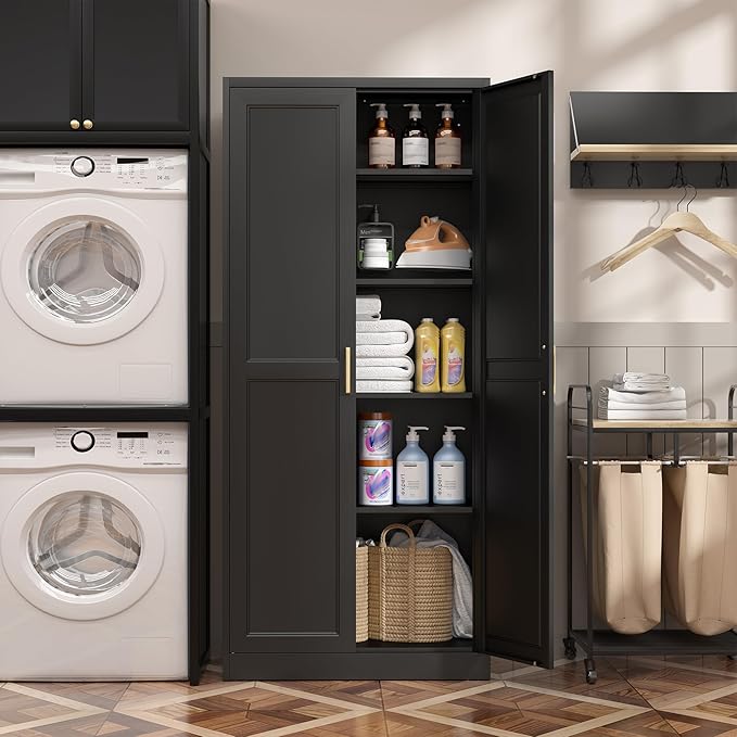 Kitchen Pantry Cabinet,71?쒫lack Metal Pantry Storage Cabinet with Doors and 4 Adjustable Shelves,Kitchen Cabinet with 2 Gold Handles,Tall Cabinet for Livingroom,Pantry, Bathroom
