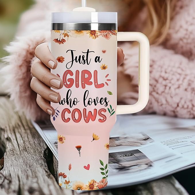 AGGLOMEKC Personalized Cute Cow Cup - Mother's Day Birthday Gift For Animal Lovers - Just A Girl Who Loves Highland Cows Tumbler 40oz With Custom Name - Pet Lover Gifts For Women, Her