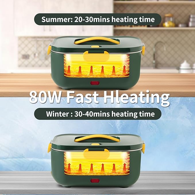 Meng Ke'en Electric Lunch Box 80W/2L Detachable Stainless Steel Container 12V/24V/110V Electric Lunch Box Portable Food Warmer (Green Double Compartments)