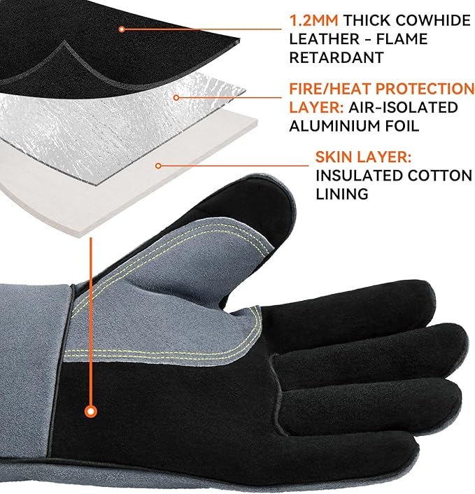 OZERO 932째F Heat Resistant Mig/Stick Welding Gloves 14 inches Cowhide Leather - Long Sleeve and Insulated Lining Barbecue Glove for Tig Welder/Grilling/Oven/Stove Black-gray