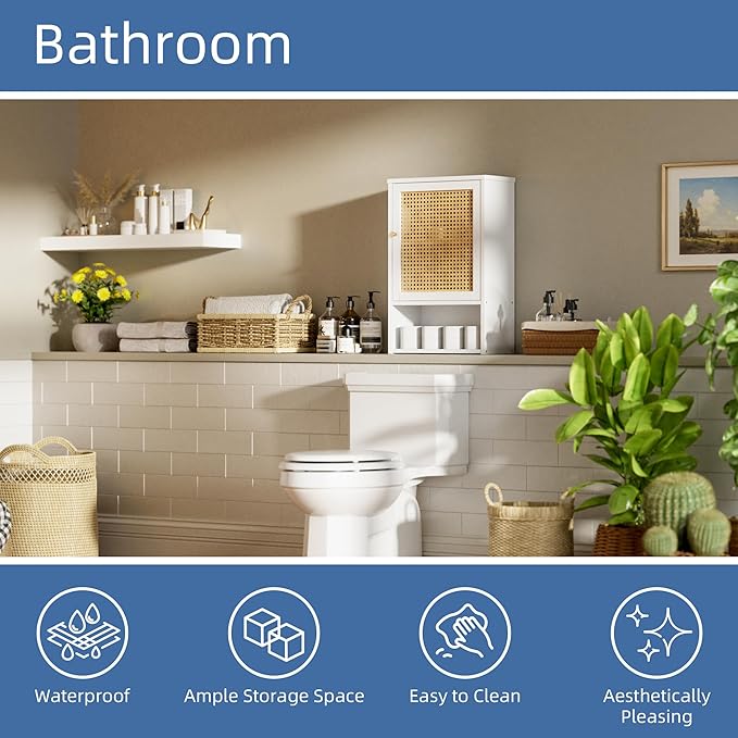 HITNET Bathroom Cabinet Wall Mounted, Rattan Medicine Cabinet, Bamboo Hanging Storage Organizer Over The Toilet with Adjustable Shelf for Living Room, Kitchen, Hallway (White)