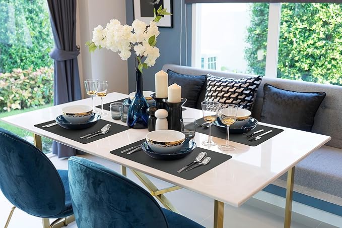 More D챕cor Faux Leather Placemats Set of 4 for Dining Table ??Waterproof, Wipeable, Washable, Stain & Heat Resistant, Non-Slip Table Mats ??12 X 17 Inch (Solid Black, 4)