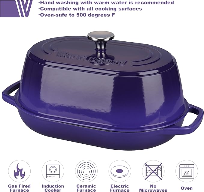 Enameled Cast Iron Dutch Oven Pot with Dome Lid, Oval Bread Oven for Homemade Sourdough Bread Baking, Oven Safe up to 500째F, 6 Quart, Purple