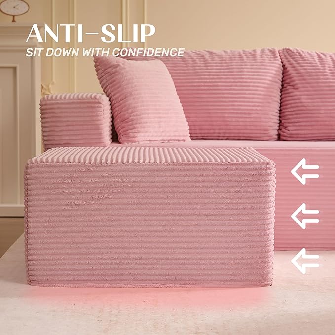 138" Boneless Couch with Deep Seat, Modular Sectional Sofa, Cloud Sectional Couch for Living Room, No Assembly Required, Corduroy, 4 Seater L-Shape Right, Pink
