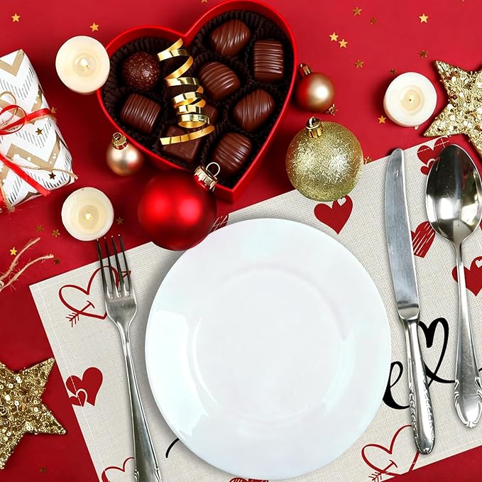 Valentine Placemats Set of 4, 12x18 Inch Love Hearts Table Mats, Seasonal Anniversary Holiday Valentines Day Table Decorations for Kitchen Dining Home Party Decor (White)