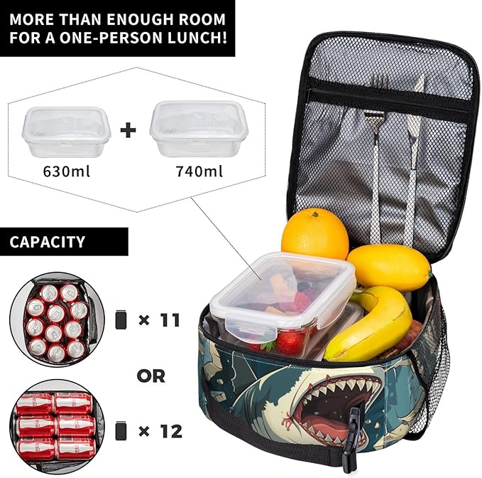 VANZEV Insulated Lunch Box for Women Men, Shark Theme Lunch Box Reusable Portable Lunch Bag Cooler Tote Waterproof Lunch Container for Office Picnic Work Travel