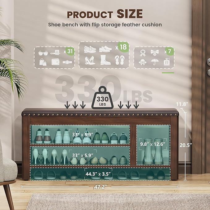 Shoe Bench for Entryway, Solid Rubberwood Shoe Bench with Hidden Storage, Adjustable 2-Tier Shelves & Soft PU Leather Seat, Shoe Rack Durable Easy Assembly for Hallway or Bedroom - Brown, 47.28"