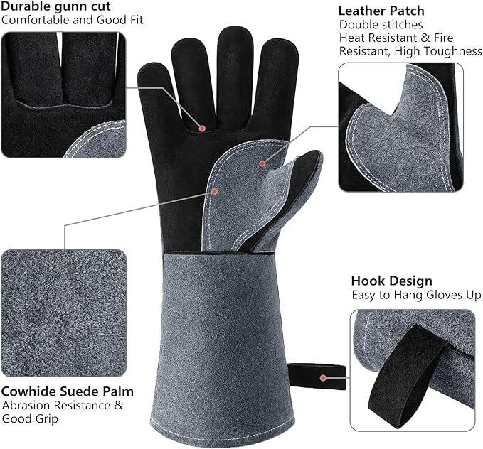 OZERO 932째F Heat Resistant Mig/Stick Welding Gloves 14 inches Cowhide Leather - Long Sleeve and Insulated Lining Barbecue Glove for Tig Welder/Grilling/Oven/Stove Black-gray